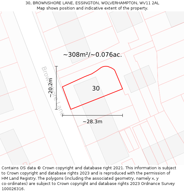 30, BROWNSHORE LANE, ESSINGTON, WOLVERHAMPTON, WV11 2AL: Plot and title map