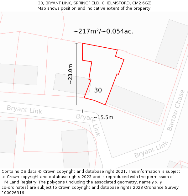 30, BRYANT LINK, SPRINGFIELD, CHELMSFORD, CM2 6GZ: Plot and title map