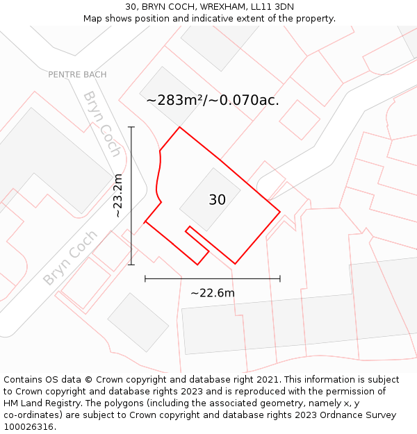 30, BRYN COCH, WREXHAM, LL11 3DN: Plot and title map