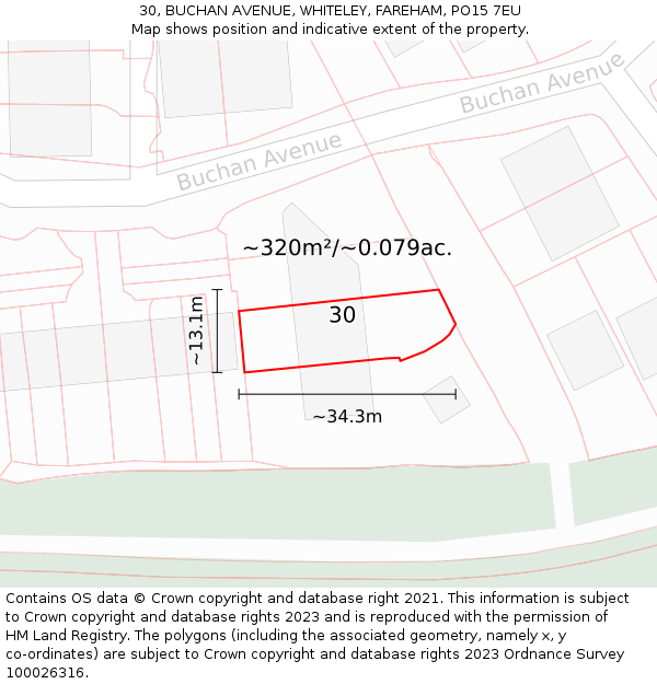 30, BUCHAN AVENUE, WHITELEY, FAREHAM, PO15 7EU: Plot and title map