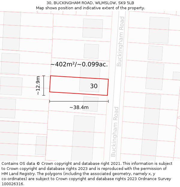 30, BUCKINGHAM ROAD, WILMSLOW, SK9 5LB: Plot and title map