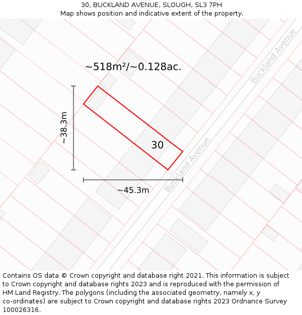 30, BUCKLAND AVENUE, SLOUGH, SL3 7PH: Plot and title map