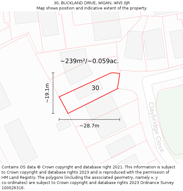 30, BUCKLAND DRIVE, WIGAN, WN5 0JR: Plot and title map