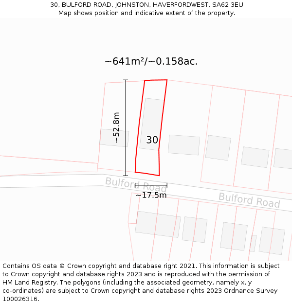 30, BULFORD ROAD, JOHNSTON, HAVERFORDWEST, SA62 3EU: Plot and title map