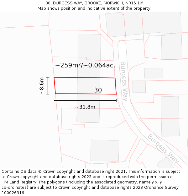 30, BURGESS WAY, BROOKE, NORWICH, NR15 1JY: Plot and title map