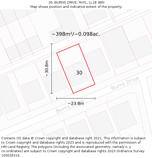 30, BURNS DRIVE, RHYL, LL18 3BN: Plot and title map