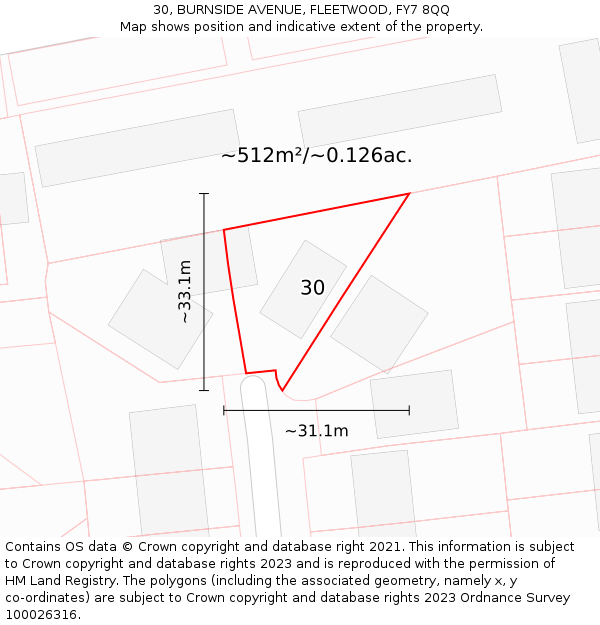 30, BURNSIDE AVENUE, FLEETWOOD, FY7 8QQ: Plot and title map