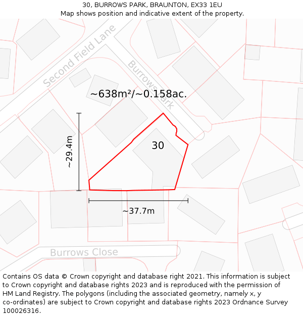 30, BURROWS PARK, BRAUNTON, EX33 1EU: Plot and title map