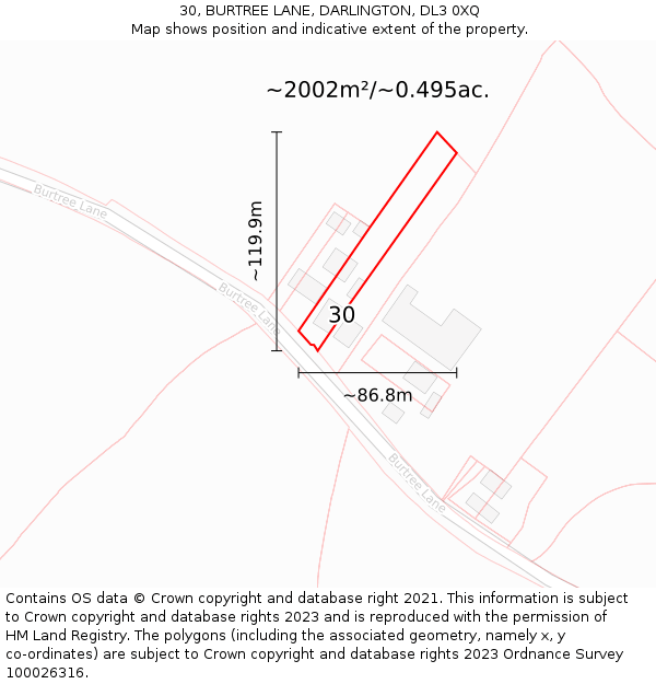 30, BURTREE LANE, DARLINGTON, DL3 0XQ: Plot and title map