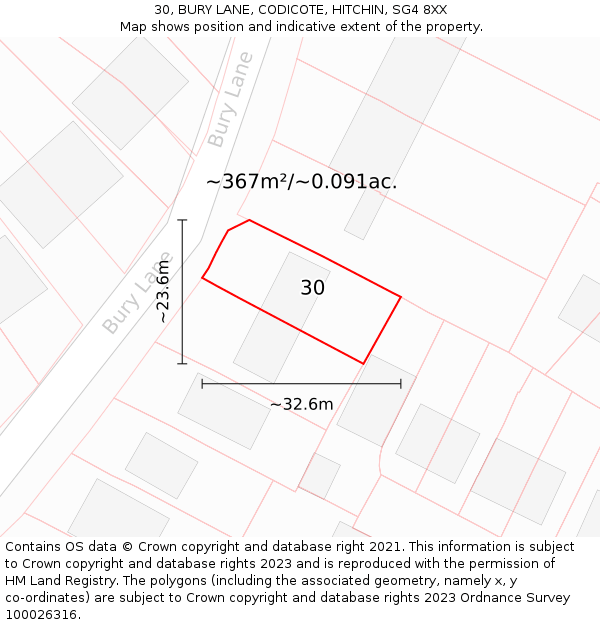 30, BURY LANE, CODICOTE, HITCHIN, SG4 8XX: Plot and title map