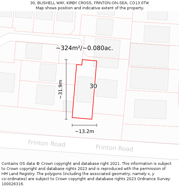 30, BUSHELL WAY, KIRBY CROSS, FRINTON-ON-SEA, CO13 0TW: Plot and title map