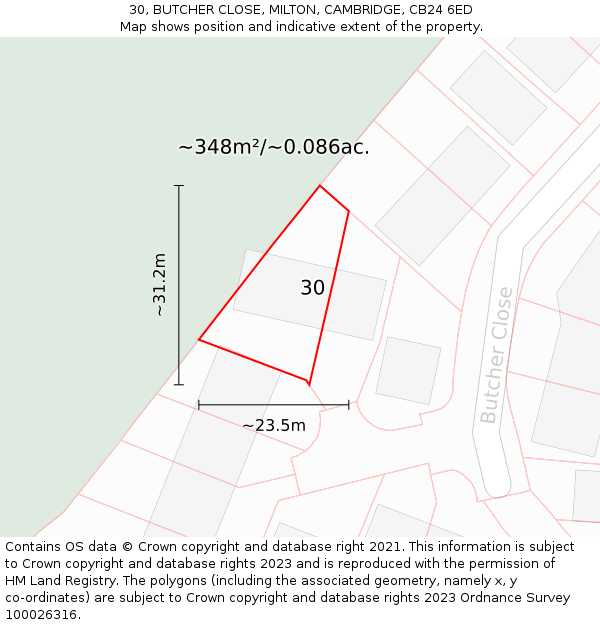 30, BUTCHER CLOSE, MILTON, CAMBRIDGE, CB24 6ED: Plot and title map