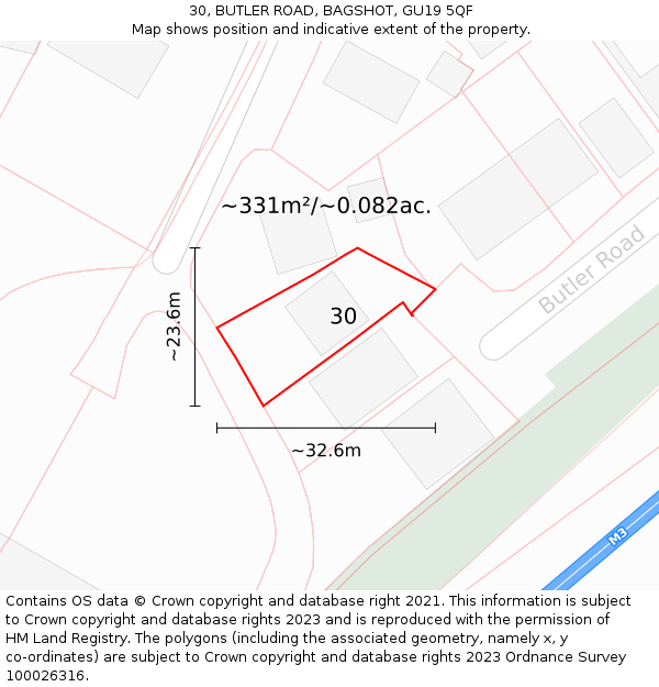 30, BUTLER ROAD, BAGSHOT, GU19 5QF: Plot and title map