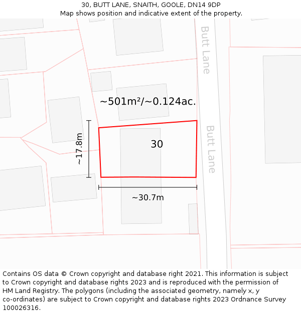 30, BUTT LANE, SNAITH, GOOLE, DN14 9DP: Plot and title map