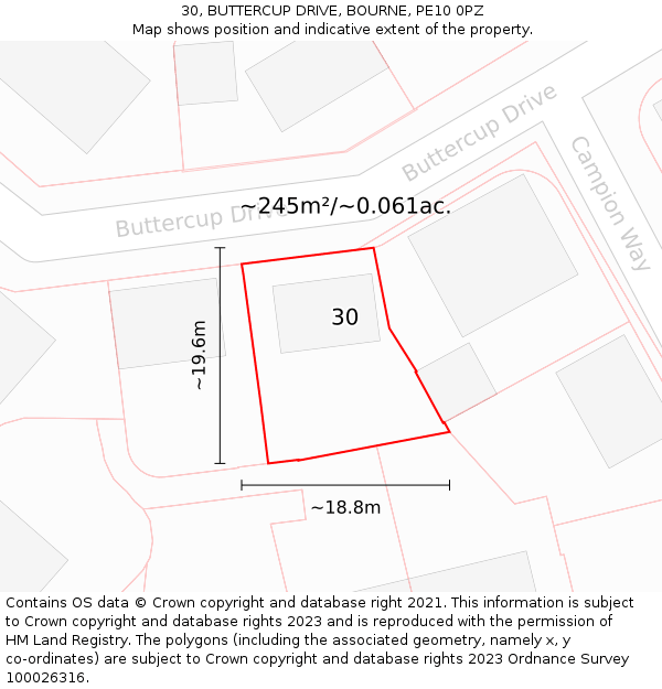 30, BUTTERCUP DRIVE, BOURNE, PE10 0PZ: Plot and title map