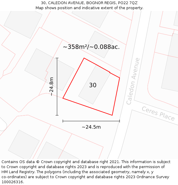 30, CALEDON AVENUE, BOGNOR REGIS, PO22 7QZ: Plot and title map