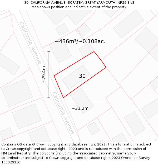 30, CALIFORNIA AVENUE, SCRATBY, GREAT YARMOUTH, NR29 3NS: Plot and title map