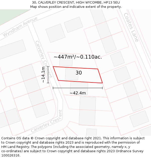 30, CALVERLEY CRESCENT, HIGH WYCOMBE, HP13 5EU: Plot and title map