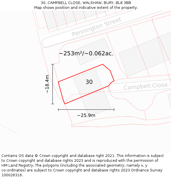 30, CAMPBELL CLOSE, WALSHAW, BURY, BL8 3BB: Plot and title map