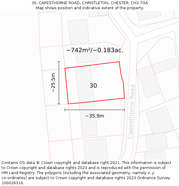 30, CAPESTHORNE ROAD, CHRISTLETON, CHESTER, CH3 7GA: Plot and title map