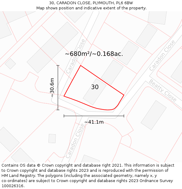 30, CARADON CLOSE, PLYMOUTH, PL6 6BW: Plot and title map