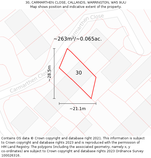 30, CARMARTHEN CLOSE, CALLANDS, WARRINGTON, WA5 9UU: Plot and title map