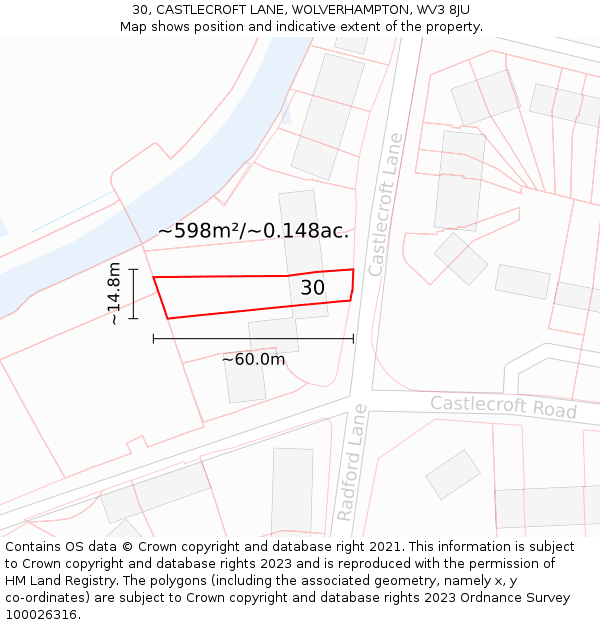 30, CASTLECROFT LANE, WOLVERHAMPTON, WV3 8JU: Plot and title map