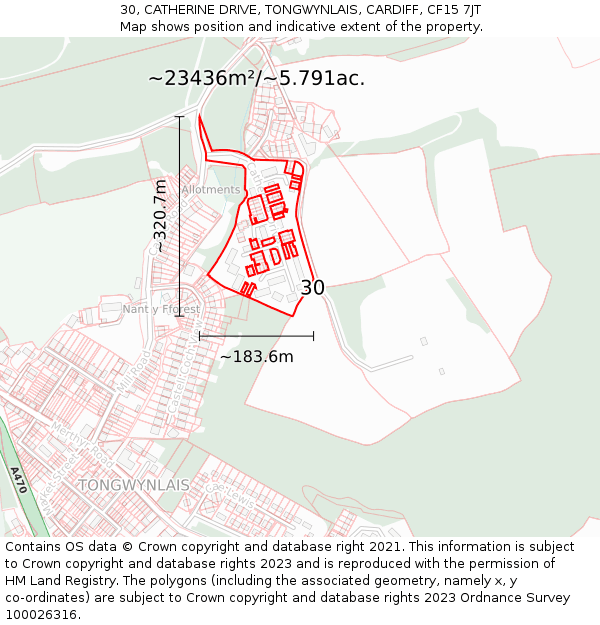 30, CATHERINE DRIVE, TONGWYNLAIS, CARDIFF, CF15 7JT: Plot and title map