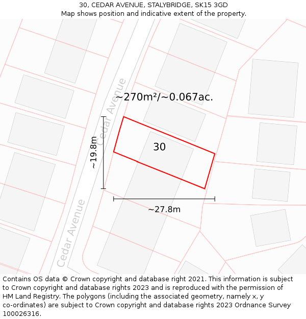 30, CEDAR AVENUE, STALYBRIDGE, SK15 3GD: Plot and title map