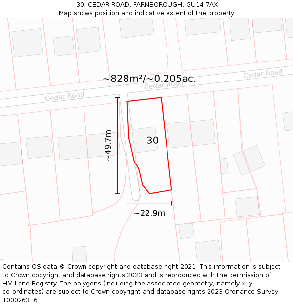 30, CEDAR ROAD, FARNBOROUGH, GU14 7AX: Plot and title map