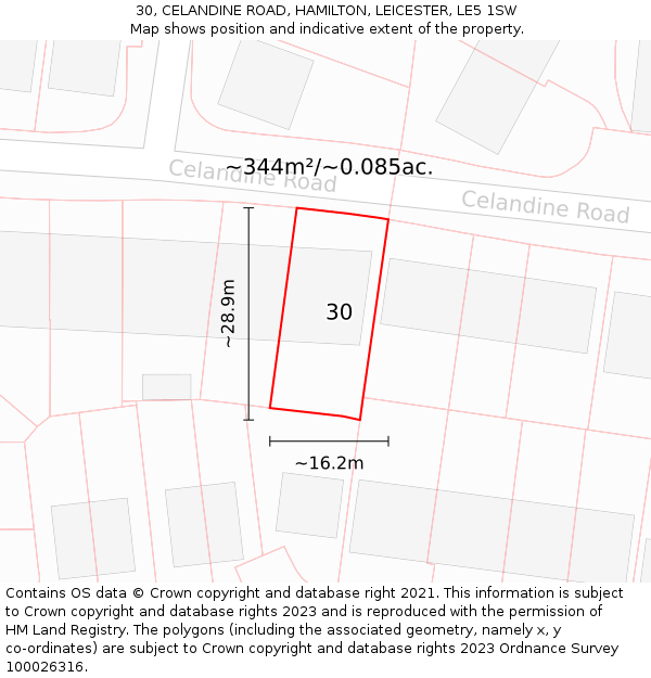 30, CELANDINE ROAD, HAMILTON, LEICESTER, LE5 1SW: Plot and title map