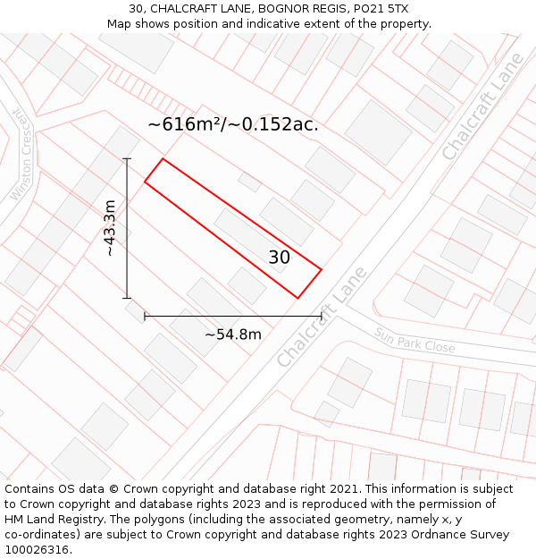 30, CHALCRAFT LANE, BOGNOR REGIS, PO21 5TX: Plot and title map