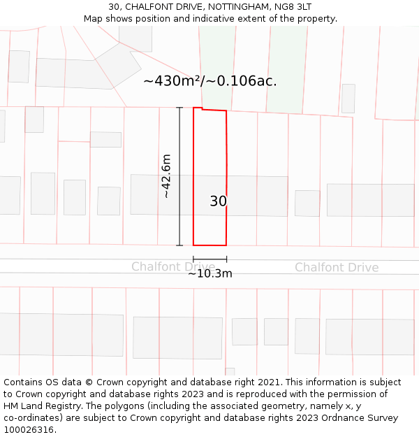 30, CHALFONT DRIVE, NOTTINGHAM, NG8 3LT: Plot and title map