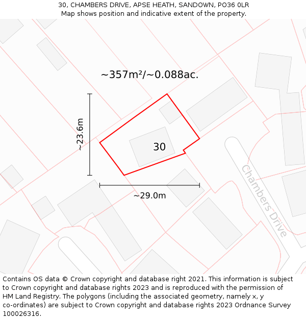 30, CHAMBERS DRIVE, APSE HEATH, SANDOWN, PO36 0LR: Plot and title map