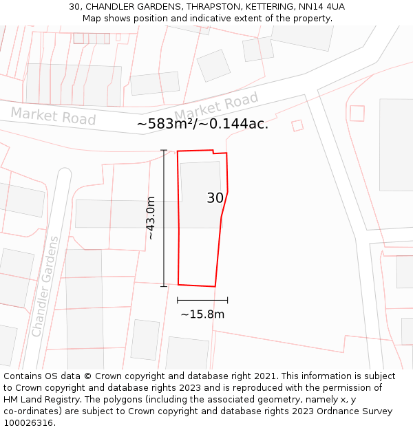 30, CHANDLER GARDENS, THRAPSTON, KETTERING, NN14 4UA: Plot and title map