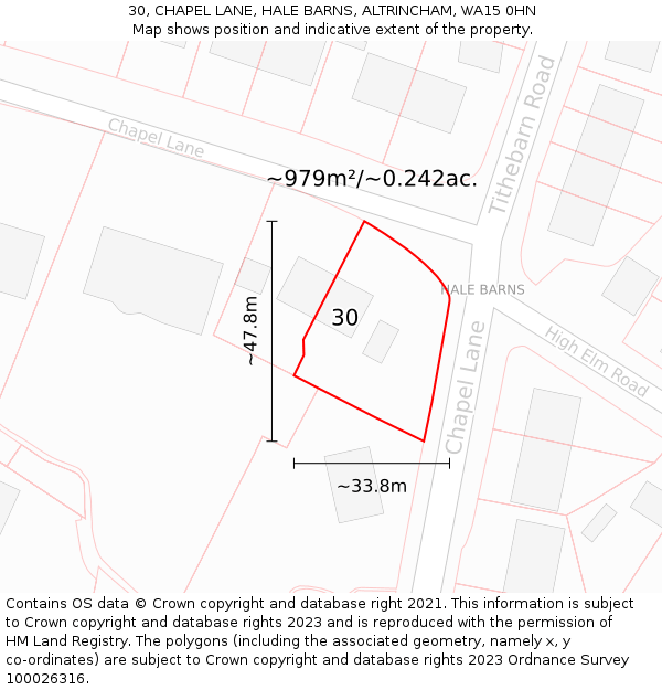 30, CHAPEL LANE, HALE BARNS, ALTRINCHAM, WA15 0HN: Plot and title map