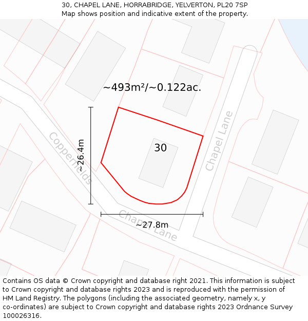 30, CHAPEL LANE, HORRABRIDGE, YELVERTON, PL20 7SP: Plot and title map