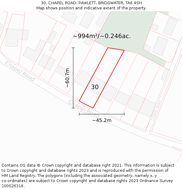 30, CHAPEL ROAD, PAWLETT, BRIDGWATER, TA6 4SH: Plot and title map