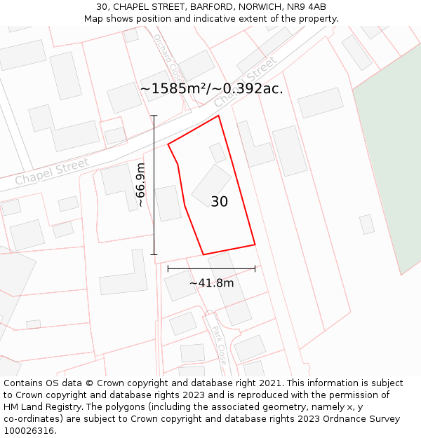 30, CHAPEL STREET, BARFORD, NORWICH, NR9 4AB: Plot and title map