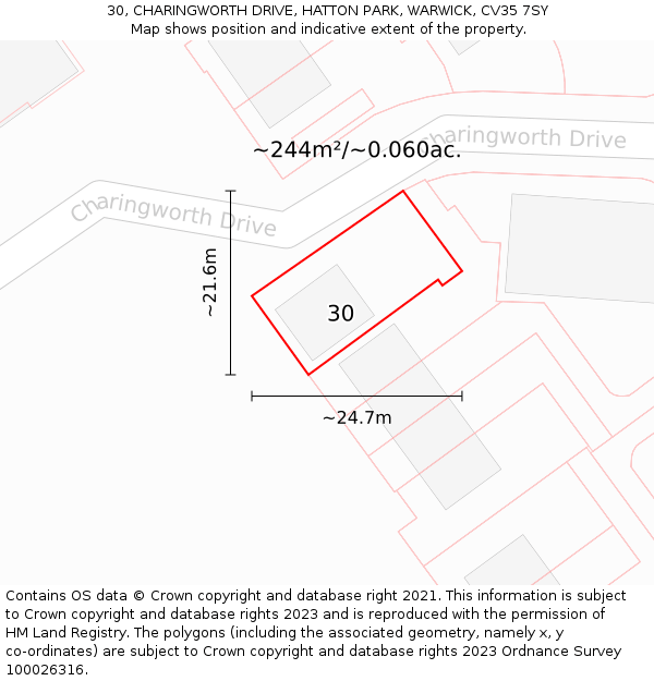 30, CHARINGWORTH DRIVE, HATTON PARK, WARWICK, CV35 7SY: Plot and title map