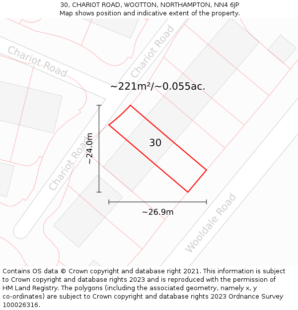 30, CHARIOT ROAD, WOOTTON, NORTHAMPTON, NN4 6JP: Plot and title map