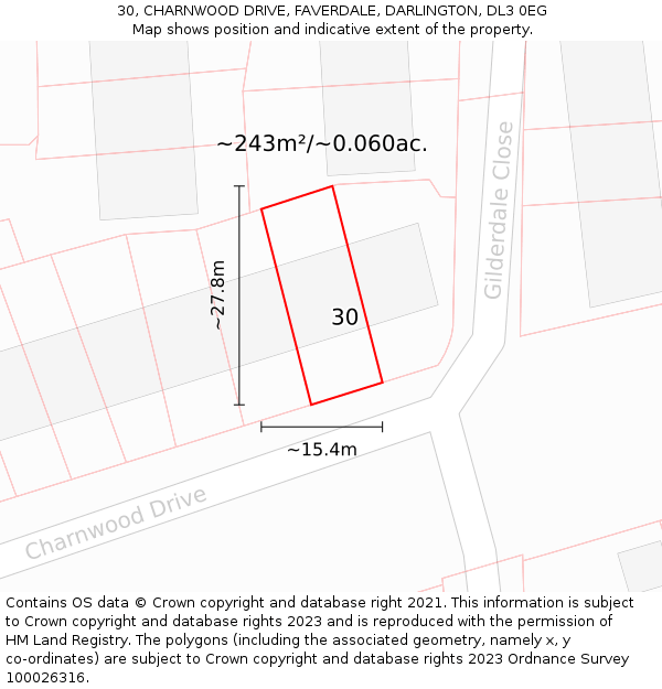 30, CHARNWOOD DRIVE, FAVERDALE, DARLINGTON, DL3 0EG: Plot and title map