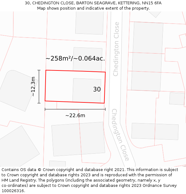 30, CHEDINGTON CLOSE, BARTON SEAGRAVE, KETTERING, NN15 6FA: Plot and title map