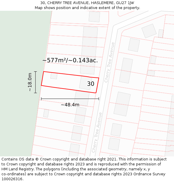 30, CHERRY TREE AVENUE, HASLEMERE, GU27 1JW: Plot and title map