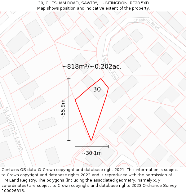 30, CHESHAM ROAD, SAWTRY, HUNTINGDON, PE28 5XB: Plot and title map