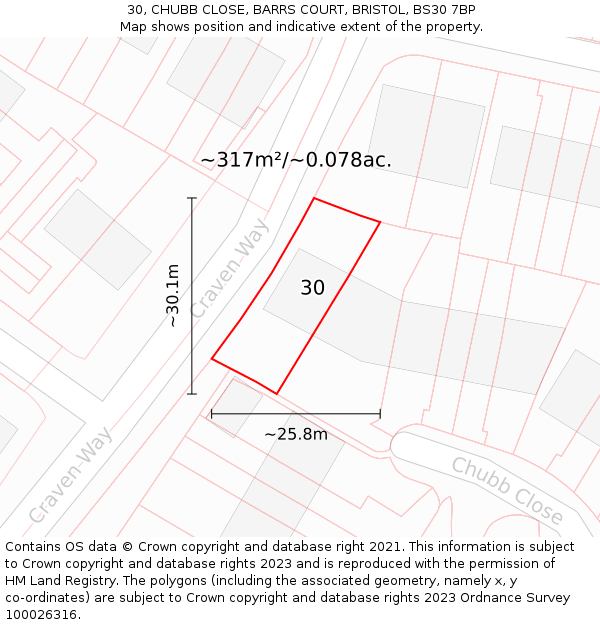 30, CHUBB CLOSE, BARRS COURT, BRISTOL, BS30 7BP: Plot and title map