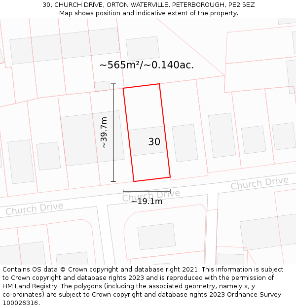 30, CHURCH DRIVE, ORTON WATERVILLE, PETERBOROUGH, PE2 5EZ: Plot and title map