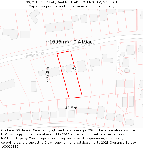 30, CHURCH DRIVE, RAVENSHEAD, NOTTINGHAM, NG15 9FF: Plot and title map