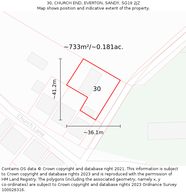 30, CHURCH END, EVERTON, SANDY, SG19 2JZ: Plot and title map