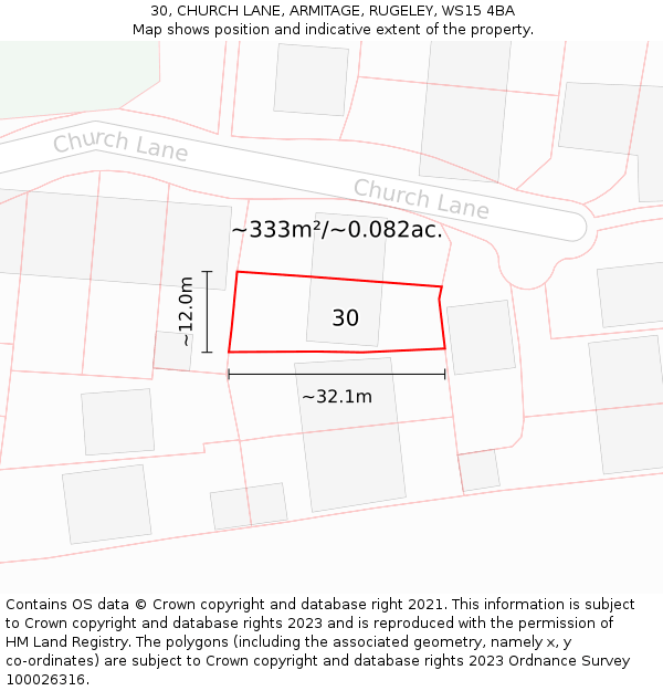30, CHURCH LANE, ARMITAGE, RUGELEY, WS15 4BA: Plot and title map